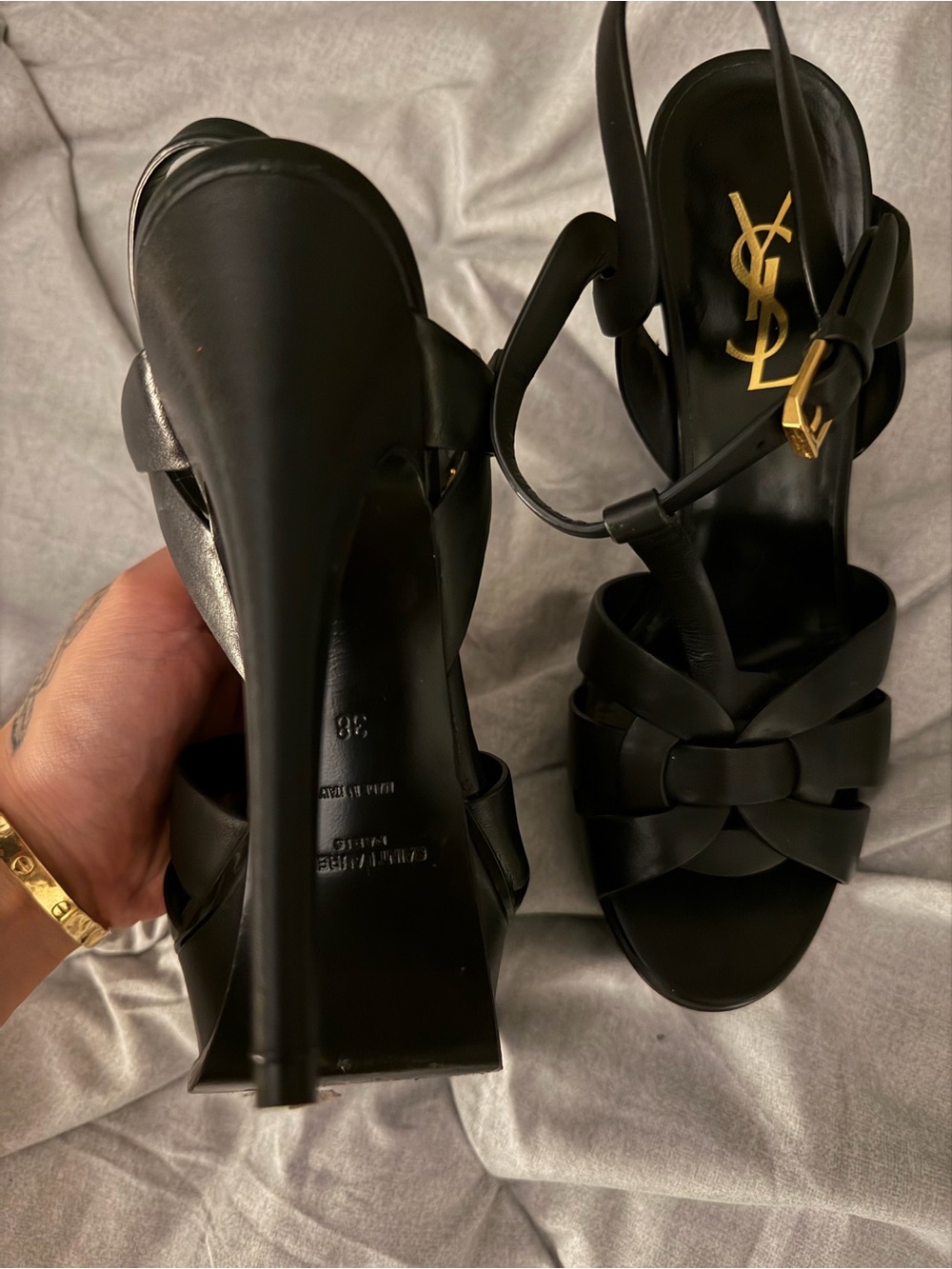 SAINT LAURENT Tribute Knotted Slingback Heels - Black Leather Gold YSL - 7.5/8 - Picture 3 of 5